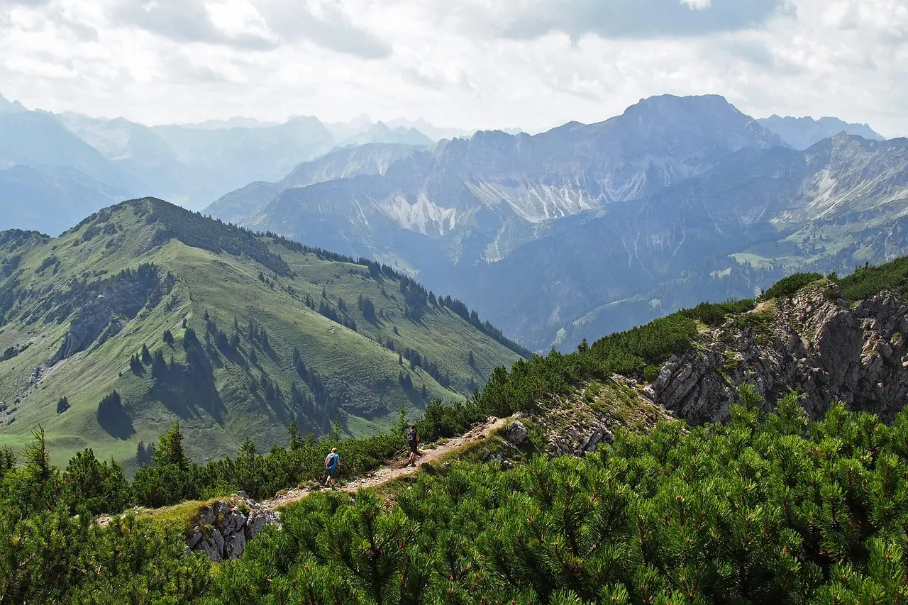 Aerial view of hikers on a winding mountain trail surrounded by pine forests and snow-capped peaks