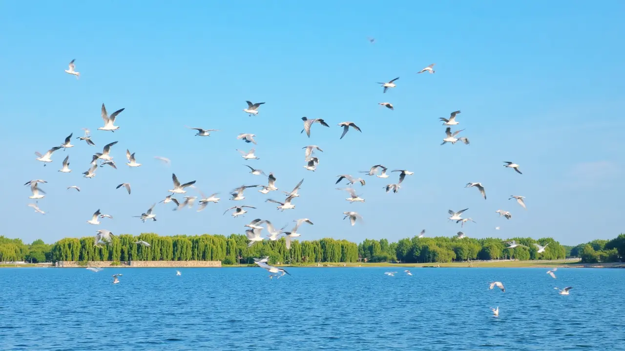 طيور النورس تحلق فوق بحيرة غرين ليك في كونمينغ
