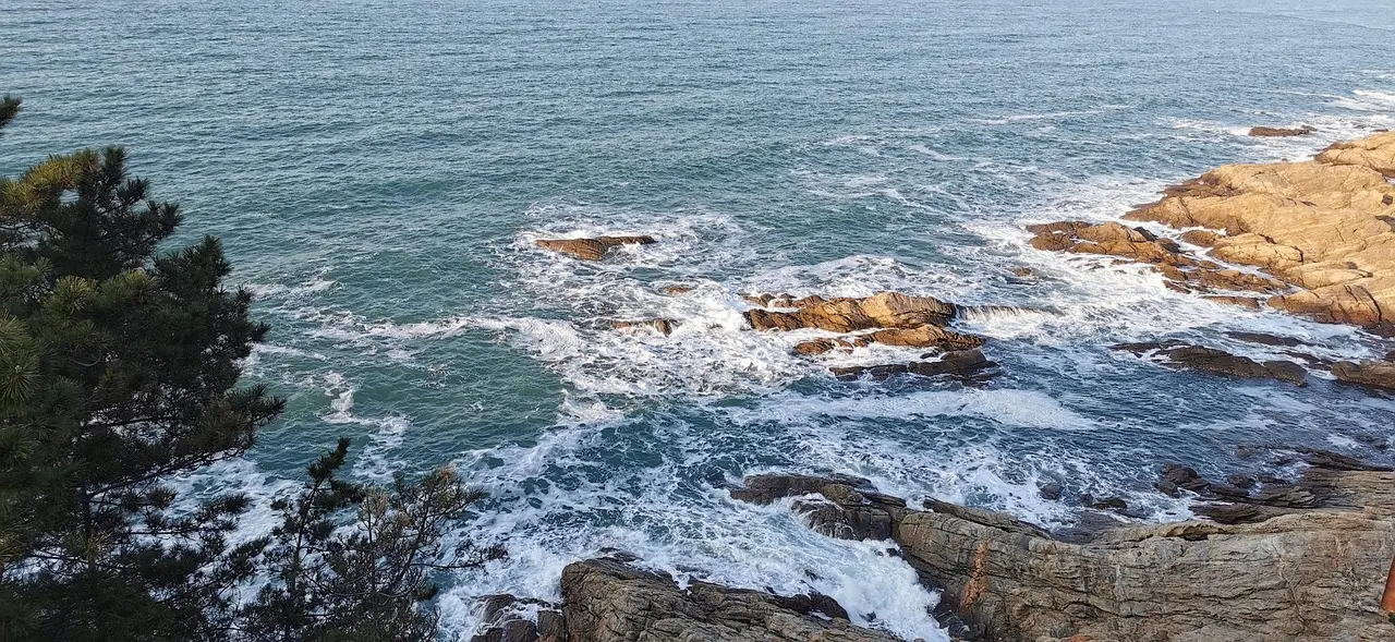 شاطئ ذهبي هادئ في ويهاي مع مياه زرقاء صافية